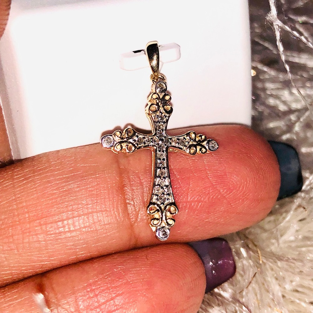10k GOLD Vermeil genuine natural REAL DIAMOND cross pendant, Free Appraisal SALE - Picture 6 of 10